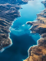 Poster - Aerial View of a Serene Mountain Lake with Blue Waters Surrounded by Rugged Terrain : Generative AI