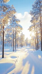 Wall Mural - Golden Hour Sunlight Through Snow Covered Pine Trees in a Serene Winter Forest Landscape