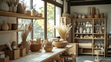 Wall Mural - A cozy shop filled with handcrafted pottery and natural decor items.