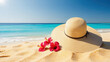 © Soulstarry  - beach scene featuring straw hat resting on golden sand, accompanied by vibrant pink hibiscus flowers, with clear blue sky and turquoise ocean in background