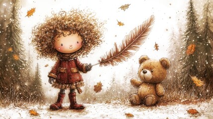 A whimsical winter scene: A girl with curly hair and a red coat plays with a large feather in a snowy forest, accompanied by a teddy bear. 