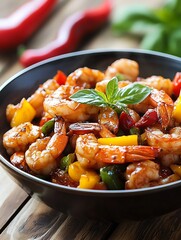 Poster - Delicious StirFried Shrimp With Colorful Peppers and Fresh Basil in a Black Bowl : Generative AI