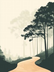 Poster - Winding forest path leading into the tranquil distance surrounded by towering trees and mist. Generative AI