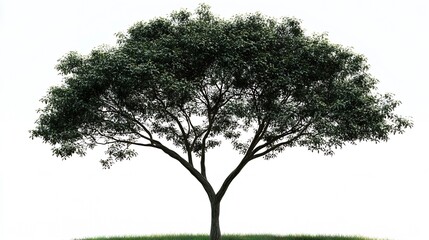 Poster - Solitary Tree with Dense Foliage and Lush Grass on White Background : Generative AI