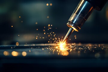 Aufkleber - A metallic tool emits bright sparks while working over a steel surface in a dimly-lit workshop, creating an industrial and dynamic atmosphere with vivid motion.