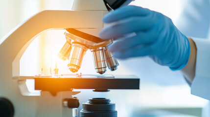 Poster - close-up of a scientist using a microscope in a laboratory setting during daylight hours