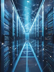 Poster - Futuristic Data Center With Digital Network Effects and Server Racks : Generative AI