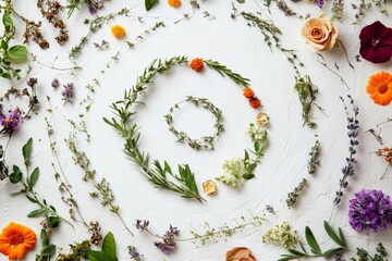 Poster - An artistic spiral pattern composed of different types of flowers and leaves beautifully arranged on a textured white background, showcasing the harmony of natural forms.