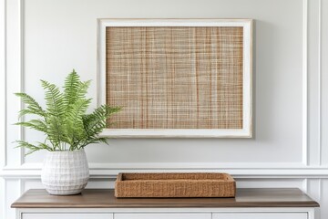 Aufkleber - A decorative fern in a stylish vase pairs with woven wall art and a wicker tray, set against a classic white backdrop, offering an elegant and cozy aesthetic.