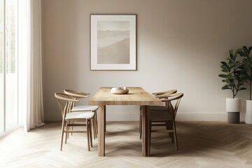 Poster - A stylish dining area featuring a minimalist wooden table, four matching chairs, soft natural light, and subtle decoration creating a serene ambiance.