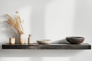 Aufkleber - A rustic shelf hosts a collection of earthenware vases, a bowl, and dried boho-style foliage, epitomizing minimalist natural decor with soft light accents.