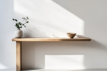 Leinwandbilder - Minimalist wooden table holding a green-leafed plant in a vase and a wooden bowl, casting shadows across a sunlit wall in a serene setting.