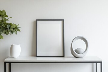 Poster - A minimalist interior showcasing a framed picture, a white vase, and a circular sculpture on a sleek console table with a soft, neutral backdrop.