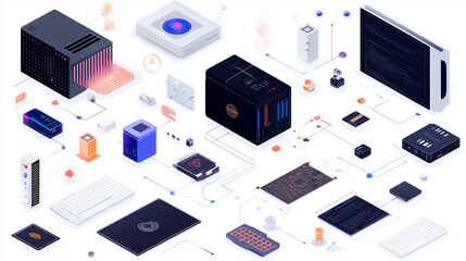 Poster - detailed digital illustration of computer components and technology arranged in a modern design layo