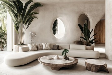 Aufkleber - Spacious living area showcasing a white curved sofa, lush plants, and natural light from large windows, evoking a sense of tranquility and elegance.