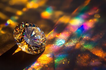 Poster - A stunning diamond reflects vibrant rainbow-colored light patterns on a surface, creating a mesmerizing and enchanting play of colors and brilliance.