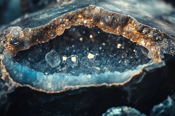 Poster - An artistic image capturing a dark geode revealing a calming, serene crystal interior, highlighting the wonder and tranquility found in nature's creations.