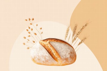 Fototapete - Minimalist bread loaf with wheat grains designed for creative mock up and text placement opportunities. Generative AI
