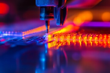 Poster - A dynamic close-up photo of a futuristic electronics manufacturing process, showing precise machinery and glowing components in a vibrant, high-tech environment.