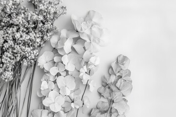 Poster - A monochrome photograph showcasing a collection of delicate white flowers, including hydrangeas, arranged artistically for a minimalist aesthetic appeal.