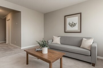 Aufkleber - Minimalist living room with an elegant grey sofa, wooden coffee table, neutral tones, soft carpet, and subtle decor, exuding a calm and sophisticated ambiance.