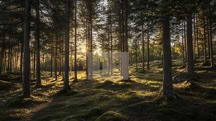 Fototapete - Serene Forest Landscape with Sunlight Filtering Through Tall Trees : Generative AI