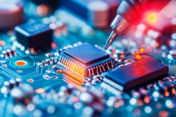 Aufkleber - This image captures a focused view of a microchip being meticulously worked on by a soldering tool, showcasing precision in electronic repair or manufacturing.
