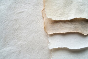 Poster - Varied textures of layered paper with torn edges, showing off a range of colors from off-white to beige, focusing on the depth and intricate textures of the materials.