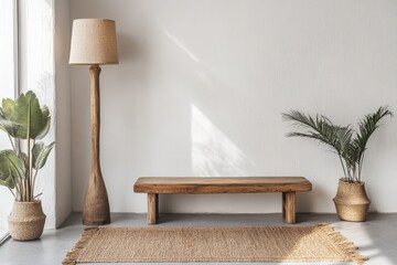 Aufkleber - A cozy minimalist sitting area with a wooden bench and woven rug, flanked by lush potted plants and lit by natural sunlight streaming through a window.