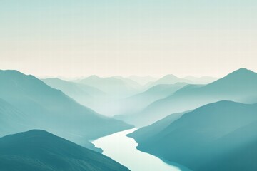 Aufkleber - Winding river flows through a serene mountain range in a minimalist landscape with ample space for text and copy. Generative AI