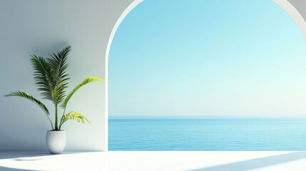 Poster - serene coastal view from a minimalist interior with a potted plant in bright sunlight