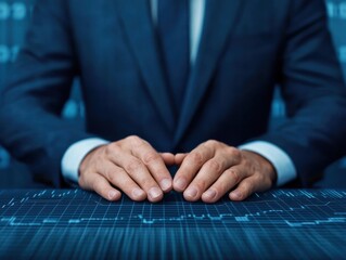 Poster - Businessman interacting with a futuristic interface showcasing financial data, highlighting innovation in investment analysis and strategy