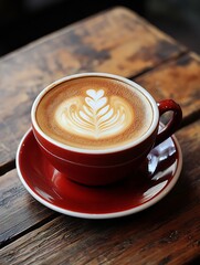 Poster - Hot Cappuccino in Red Cup on Rustic Wooden Table with Latte Art Heart Design : Generative AI