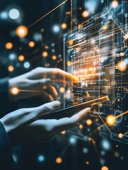 Leinwandbilder - Hands Interacting with Digital Interface on Smartphone with Futuristic Technology Connections : Generative AI