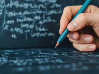 Poster - Close-up of hand sketching a funding roadmap on a tablet, with complex equations visible in the background, suggesting innovative business planning