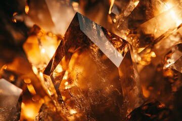 Aufkleber - Beautiful amber-colored crystals capture the light with their radiant glow, showcasing natural beauty and intricate geometric forms in this mesmerizing photo.
