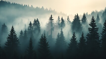 Poster - Misty Forest Landscape Capturing Mysterious and Enchanting Morning Atmosphere with Tall Pine Trees : Generative AI