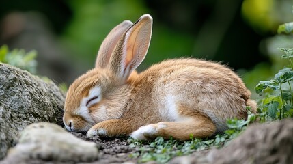 Poster - Peaceful Rabbit Resting on Green Grass Amidst Lush Nature Capturing Serene and Tranquil Moments in Wildlife : Generative AI