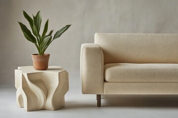 Wall Mural - A soft, beige sofa paired with a uniquely sculpted side table holding a potted plant, embodying simplicity and artistic flair in contemporary furniture design.