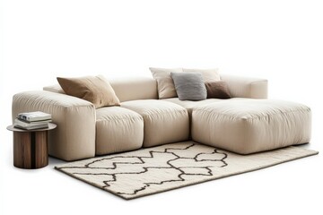 Poster - A plush white sofa adorned with neutral cushions sits atop a patterned rug, next to a small wooden side table with books, creating a cozy living space.