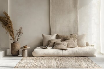 Wall Mural - A minimalistic sofa, decorated with cushions, resides in a serene, neutral-toned room featuring dried plants, a stylish table, and natural lighting.