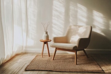 Poster - A relaxing space featuring a modern armchair in neutral tones, placed beside a sunlit floor and decorated with a delicate vase holding dried botanical elements.