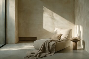 Leinwandbilder - A minimalist chaise lounge covered in soft fabric sits gracefully in a corner bathed in warm sunlight, accompanied by a small elegant side table.