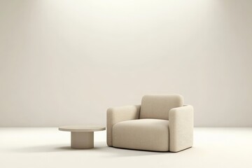 Leinwandbilder - A minimalist beige armchair is positioned next to a small, sleek round table in a light-filled room, emphasizing simplicity, comfort, and modern elegance in design.