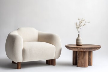 Aufkleber - A Scandinavian-style scene focuses on a soft-textured armchair and a minimalist wooden table, paired with a simple vase for a clean, elegant aesthetic.