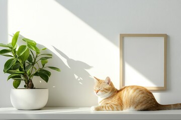Aufkleber - A tranquil and cozy scene with a content orange cat napping next to a potted plant on a white surface, captured in soft sunlight, creating warmth and relaxation.