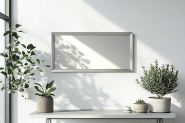 Aufkleber - A minimalist scene showcasing a bright shelf with an empty horizontal frame and assorted potted plants, highlighting simplicity and natural beauty in interior design.