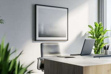 Aufkleber - A modern office space featuring a sleek black leather chair, a wooden desk with a laptop, and a framed photograph on the wall, bathed in natural light.