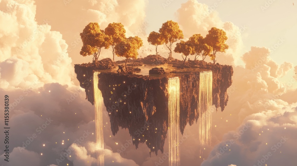 Floating island with waterfalls and golden trees in a dreamlike sky ...