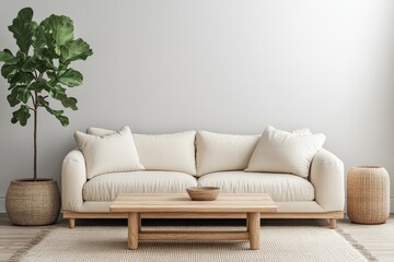 Aufkleber - A contemporary living area adorned with stylish decor, featuring a comfortable sofa, large potted plant, and elegant accents under a blanket of natural light.